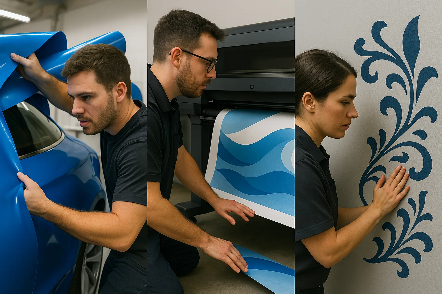 Alumnos aplicando vinilo en un coche, en impresión y en decoración de pared